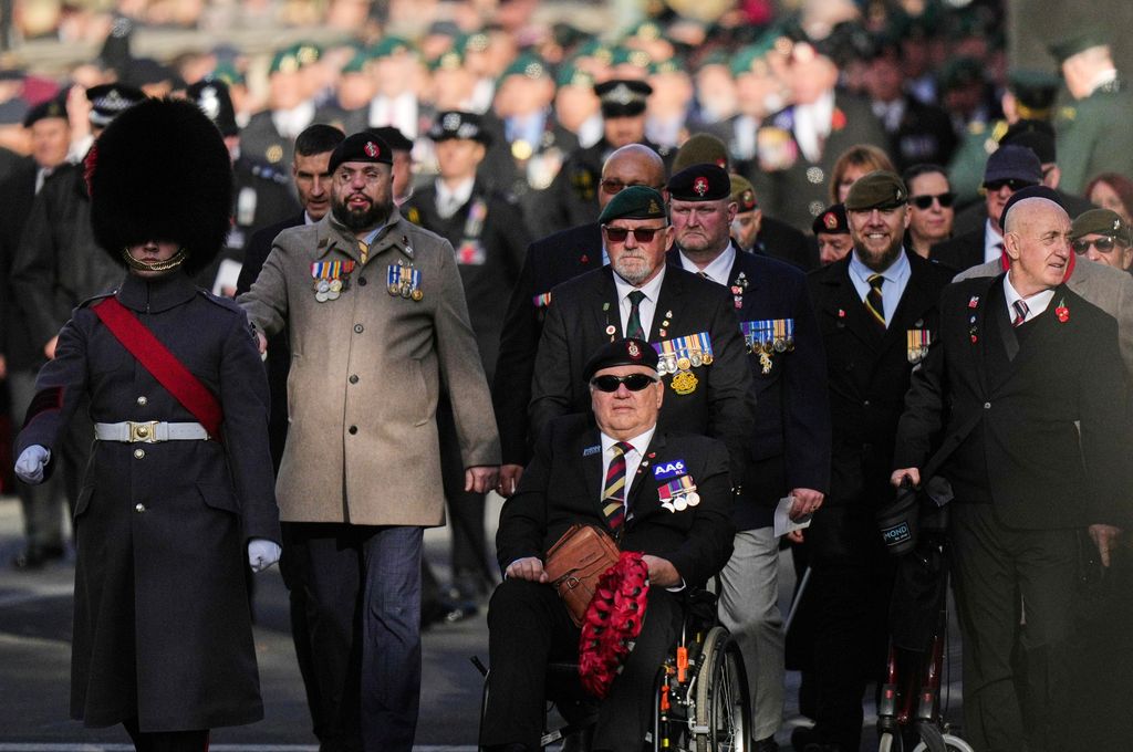  Veterans arrive at the beginning of the 2025 National Service Of Remembrance at The Cenotaph on November 9, 2025 in London, England