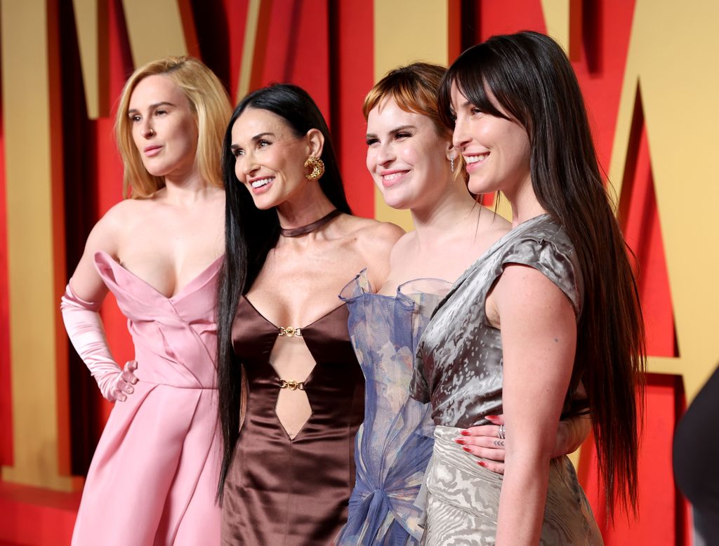 Rumer Willis, Demi Moore,  Tallulah Willis, and Scout LaRue Willis attend the 2024 Vanity Fair Oscar Party Hosted By Radhika Jones at Wallis Annenberg Center for the Performing Arts on March 10, 2024 in Beverly Hills, California