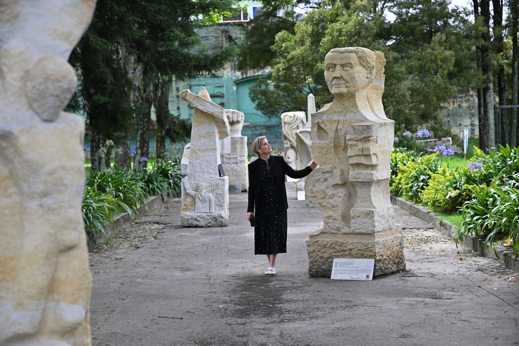 Sophie Duchess of Edinburgh walks through sculpture garden in Colombia