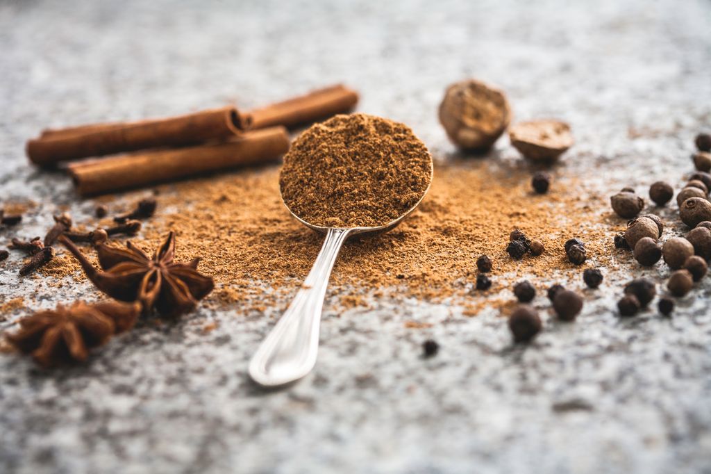 The ingredients for a pumpkin spice mix, arranged separately and blended in a still life display.