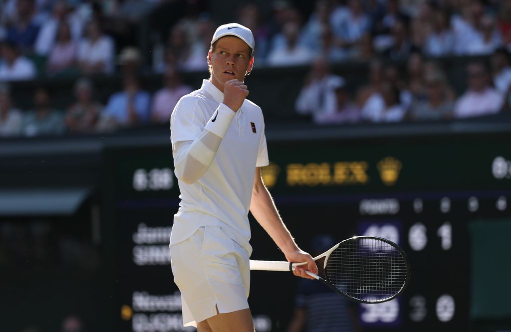 Jannik Sinner of Italy celebrates a point against Novak Djokovic of Serbia during the Gentlemen's Singles semi-final match on day twelve of The Championships Wimbledon 2025 at All England Lawn Tennis and Croquet Club on July 11, 2025 in London, England