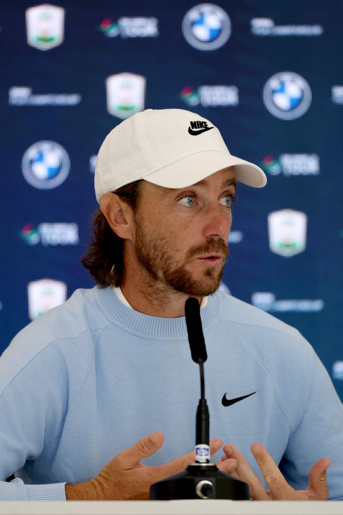 Tommy Fleetwood of England speaks to the media during a press conference prior to the BMW PGA Championship 2025 at Wentworth Golf Club on September 09, 2025 in Virginia Water, England