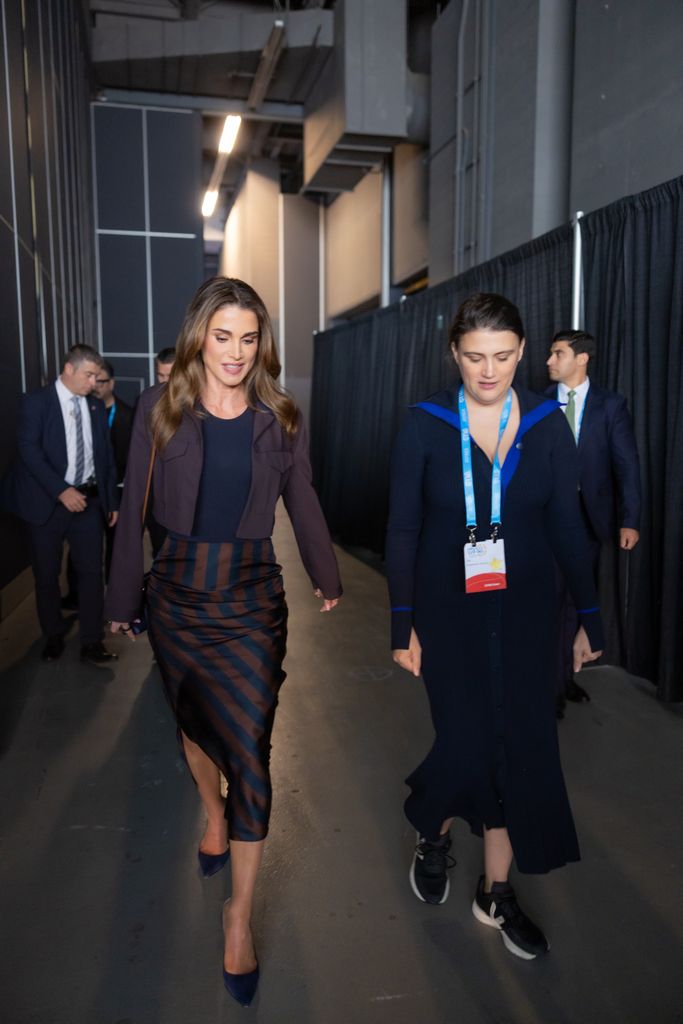 Queen Rania wore an unexpected boxy jacket and striped skirt by fendi 