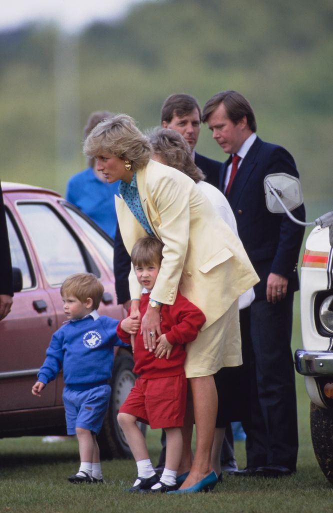 British Royals Diana, Princess of Wales (1961-1997), wearing a yellow suit with a Jasper Conran blouse, and her sons Prince Harry (in blue) and Prince William (in red) at the Guards Polo Club at Smiths Lawn, in Windsor Great Park, Windsor, Berkshire