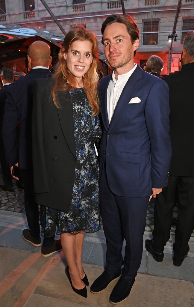 Princess Beatrice in patterned dress and overcoat with Edoardo Mapelli Mozzi