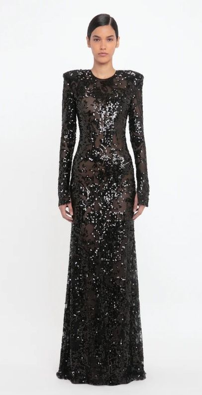 Victoria Beckham Long Sleeve Backless Sequin Gown In Black