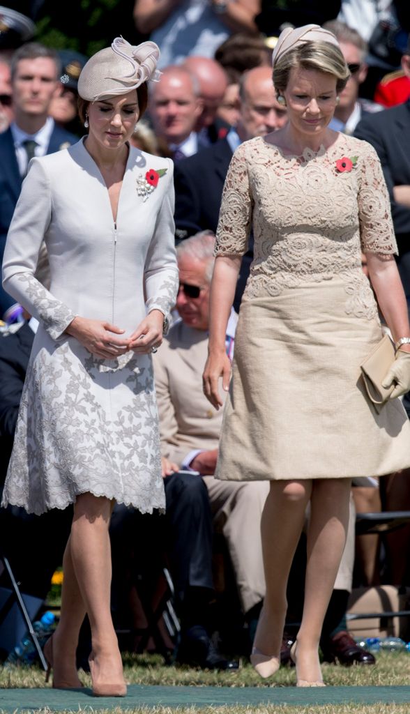 Princess Kate and Queen Mathilde walking in lace dress 