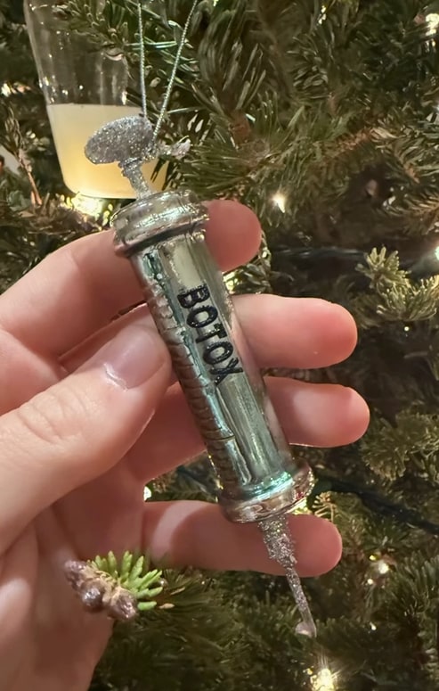 tree decoration shaped like a botox syringe