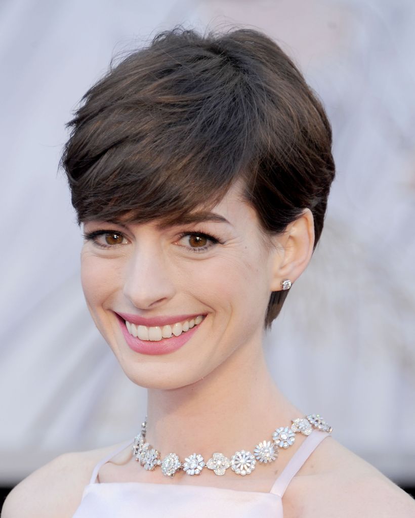 Anne Hathaway with brunette pixie cut