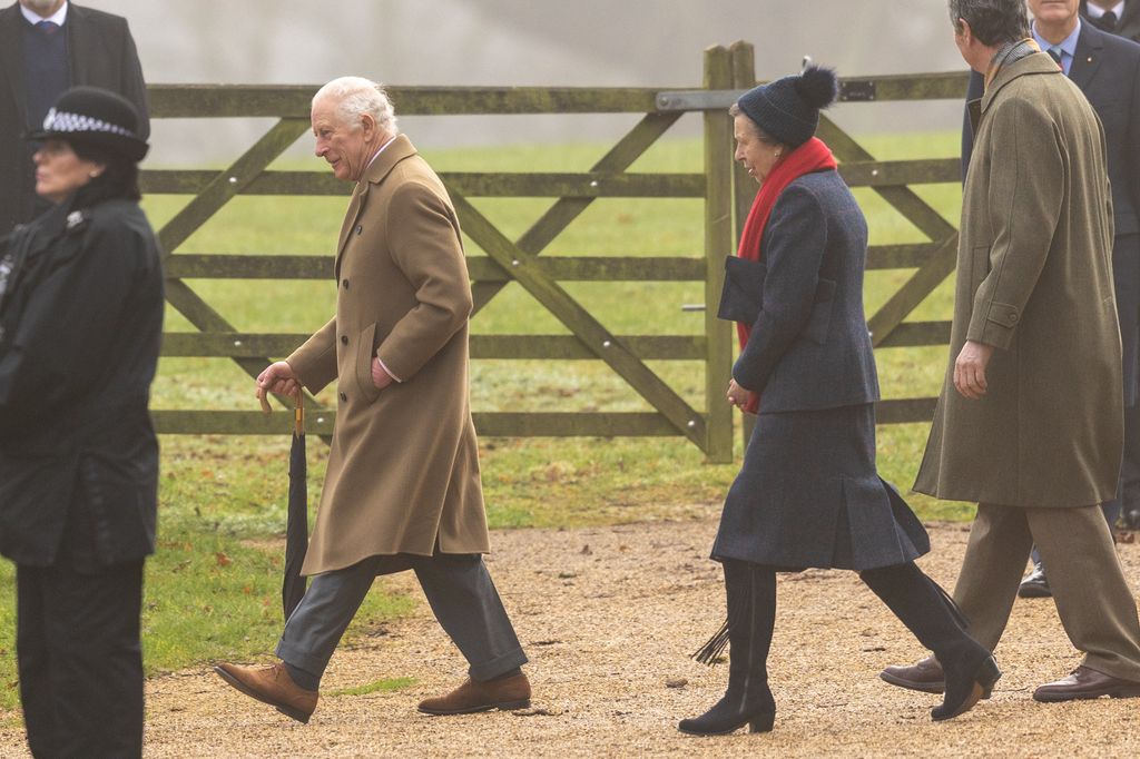 King Charles and Princess Anne after the morning service at St Mary Magdalene Church in Sandringham, Norfolk, on Sunday morning.