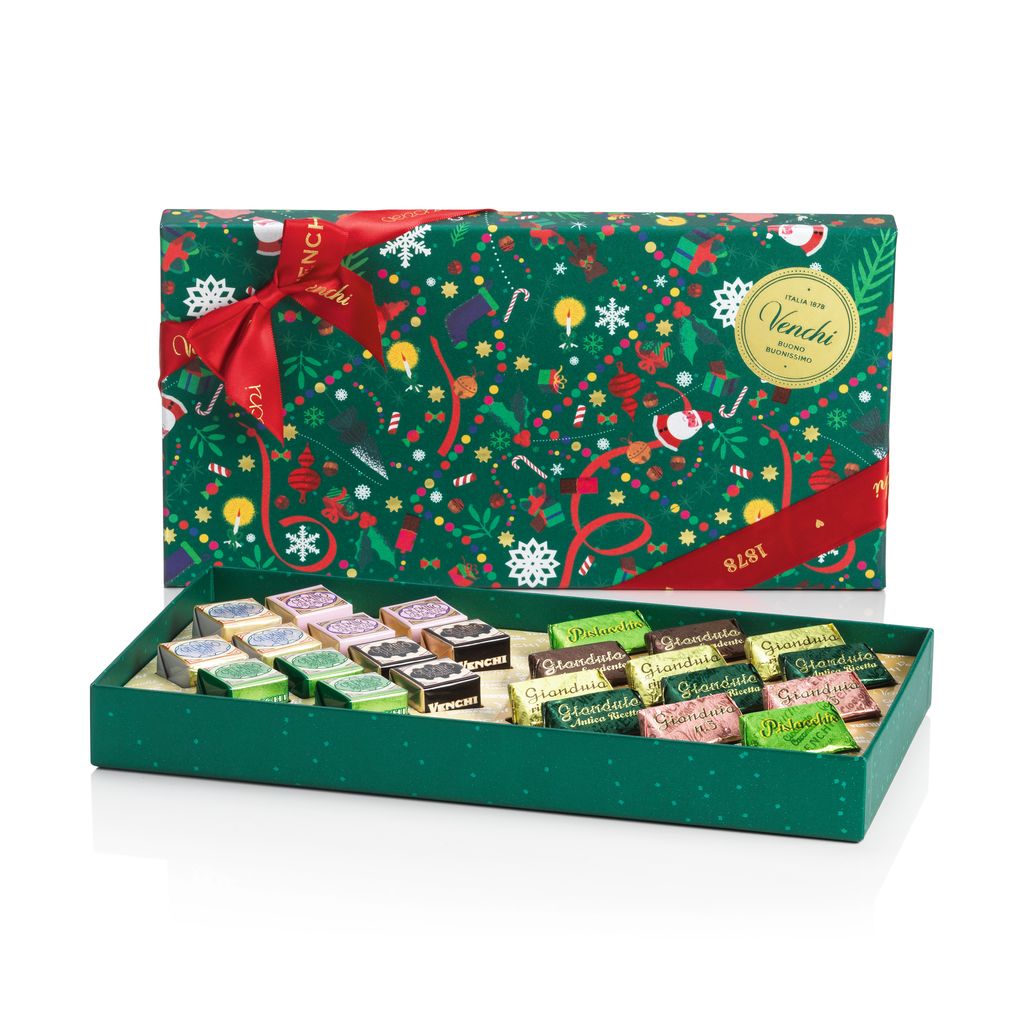 A photo of Venchi chocolates in a christmas-themed box