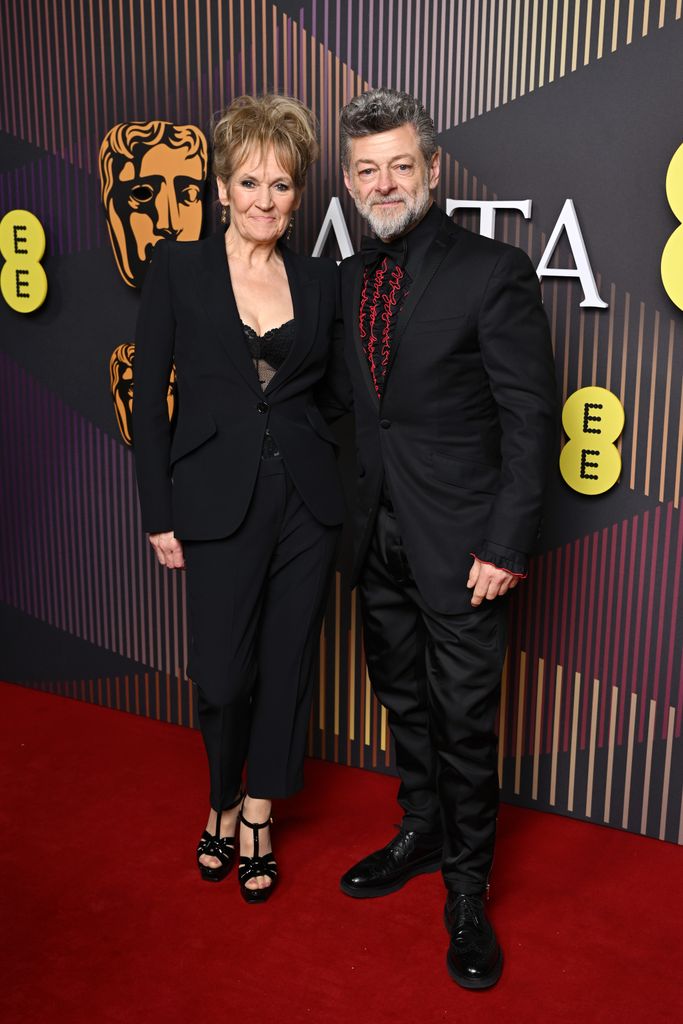 Lorraine Ashbourne and Andy Serkis attend the EE BAFTA Film Awards 2024 at The Royal Festival Hall on February 18, 2024 in London, England