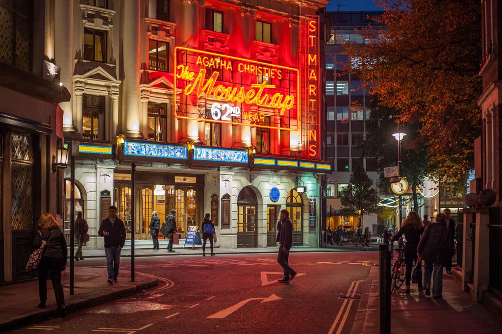 Neon lights of the famous St. Martins Theatre, Soho, London