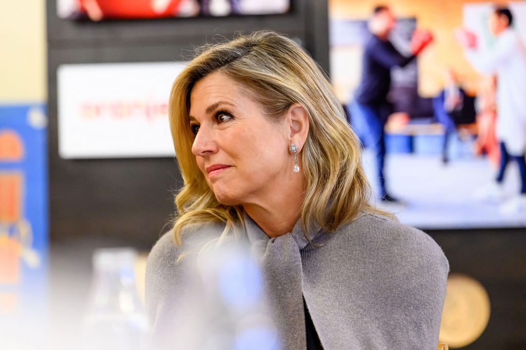 Queen Maxima looking to left in grey caped outfit