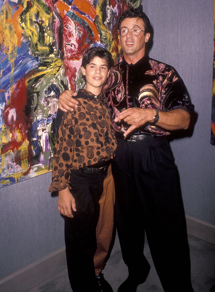 BEVERLY HILLS, CA - SEPTEMBER 10:   Actor Sylvester Stallone and son Sage attend Sylvester Stallone's Paintings Opening Night Exhibition and Cocktail Reception to Benefit Yes on Proposition 128 "Big Green" on September 10, 1990 at Hanson Galleries in Beverly Hills, California. (Photo by Ron Galella, Ltd./Ron Galella Collection via Getty Images) 