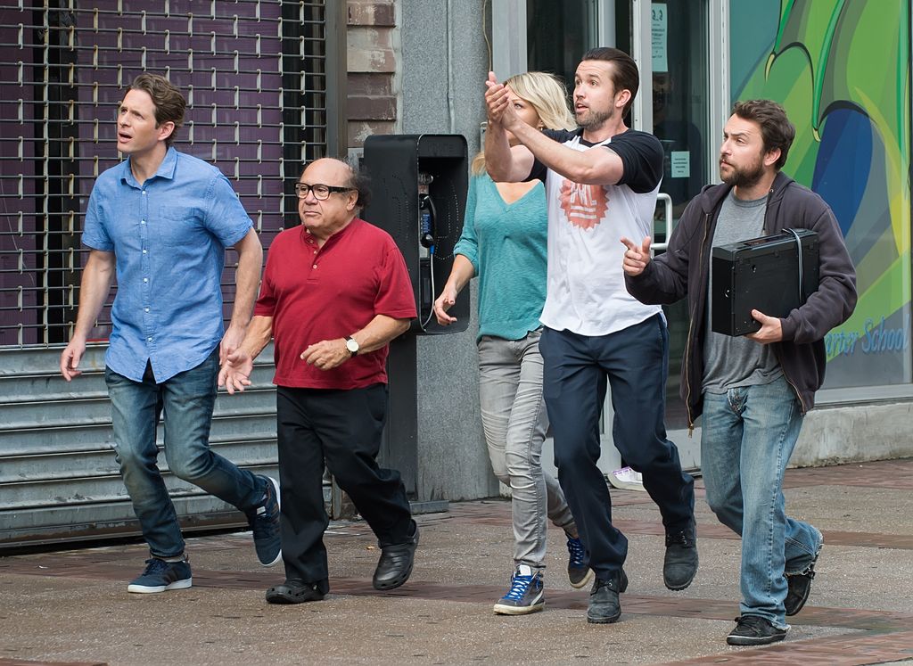 Actors Glenn Howerton, Danny DeVito, Kaitlin Olson, Rob McElhenney and Charlie Day are seen filming t's Always Sunny In Philadelphia in 2016