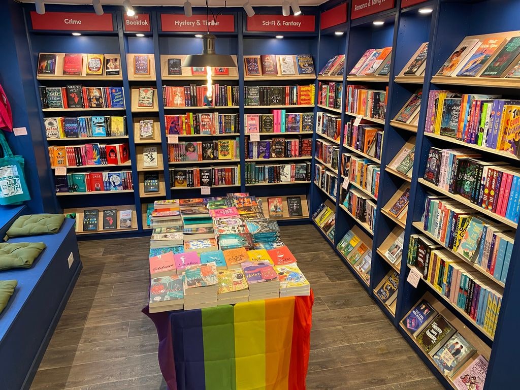 A store with various books stacked