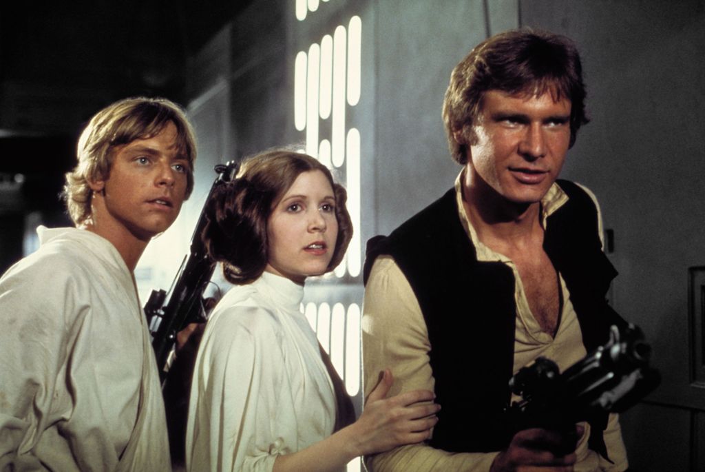 Mark Hamill, Carrie Fisher, Harrison Ford in star wars in 1977