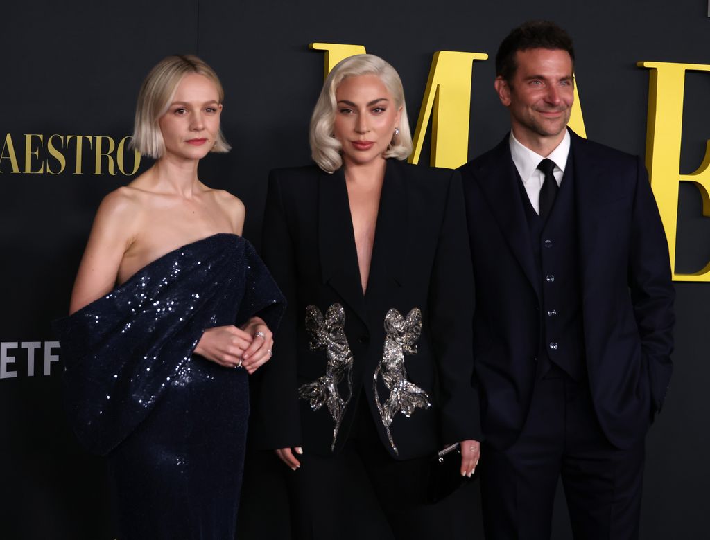 Carey Mulligan, Lady Gaga and Bradley Cooper attend Netflix's "Maestro" Los Angeles photo call at the Academy Museum of Motion Pictures on December 12, 2023 in Los Angeles, California