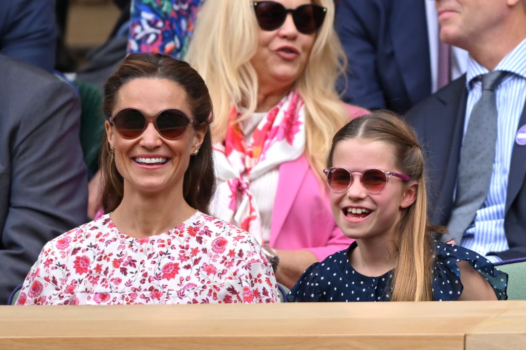 Pippa Middleton and Princess Charlotte of Wales court-side of Centre Court during the men's final on day fourteen of the Wimbledon Tennis Championships at the All England Lawn Tennis and Croquet Club on July 14, 2024 in London, England. 