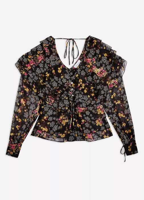 topshop black floral ruffled blouse