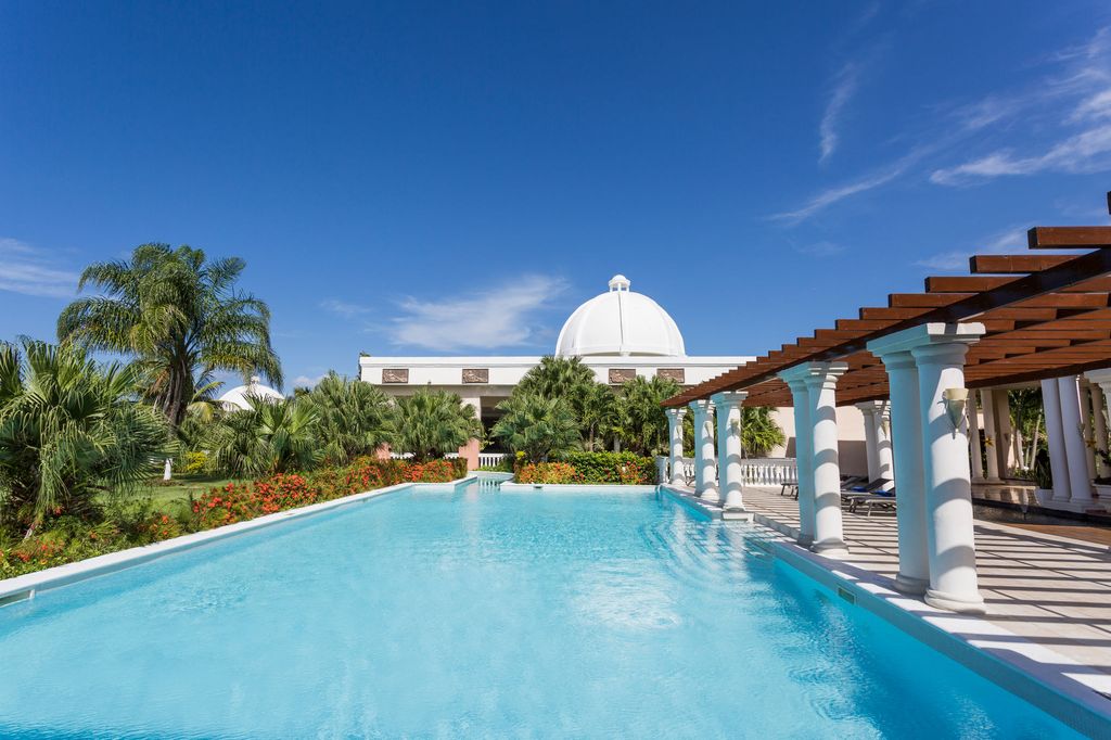 large rectangle swimming pool adored with plants and palm trees