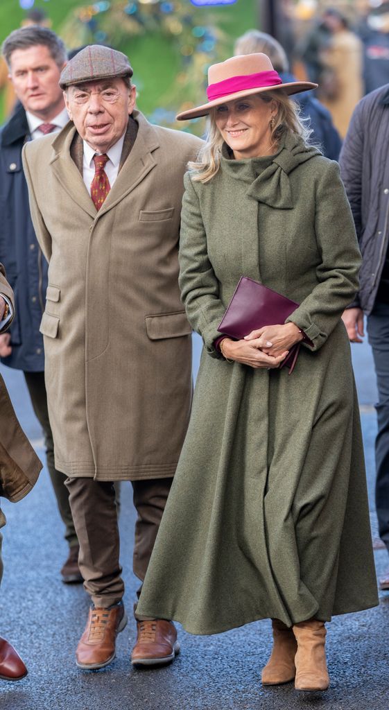 NEWBURY, ENGLAND - NOVEMBER 29: Sophie, Duchess of Edinburgh and Andrew Lloyd Webber attend The Coral Gold Cup at Newbury Racecourse on November 29, 2025 in Newbury, England. (Photo by Mark Cuthbert/UK Press via Getty Images)