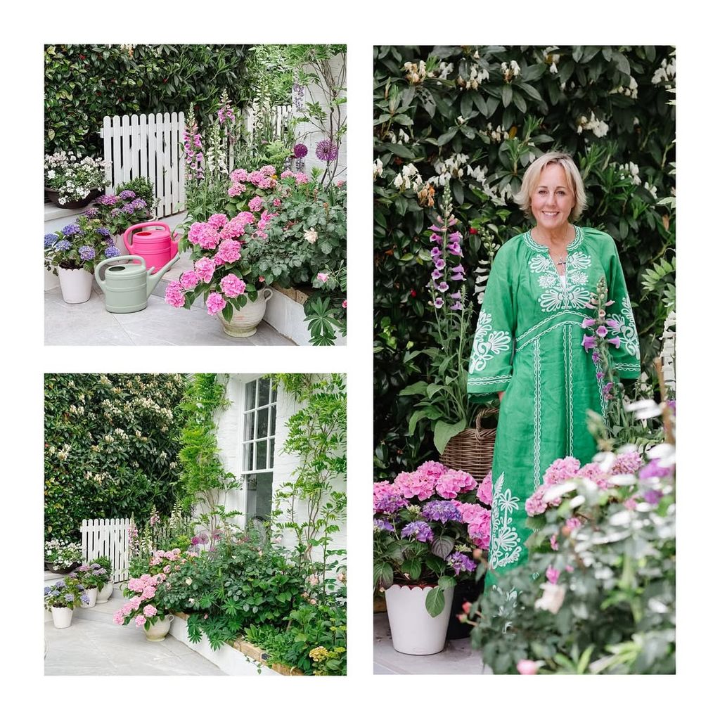 Instagram collage showing Shirlie Kemp in a green dress and two photos of her garden