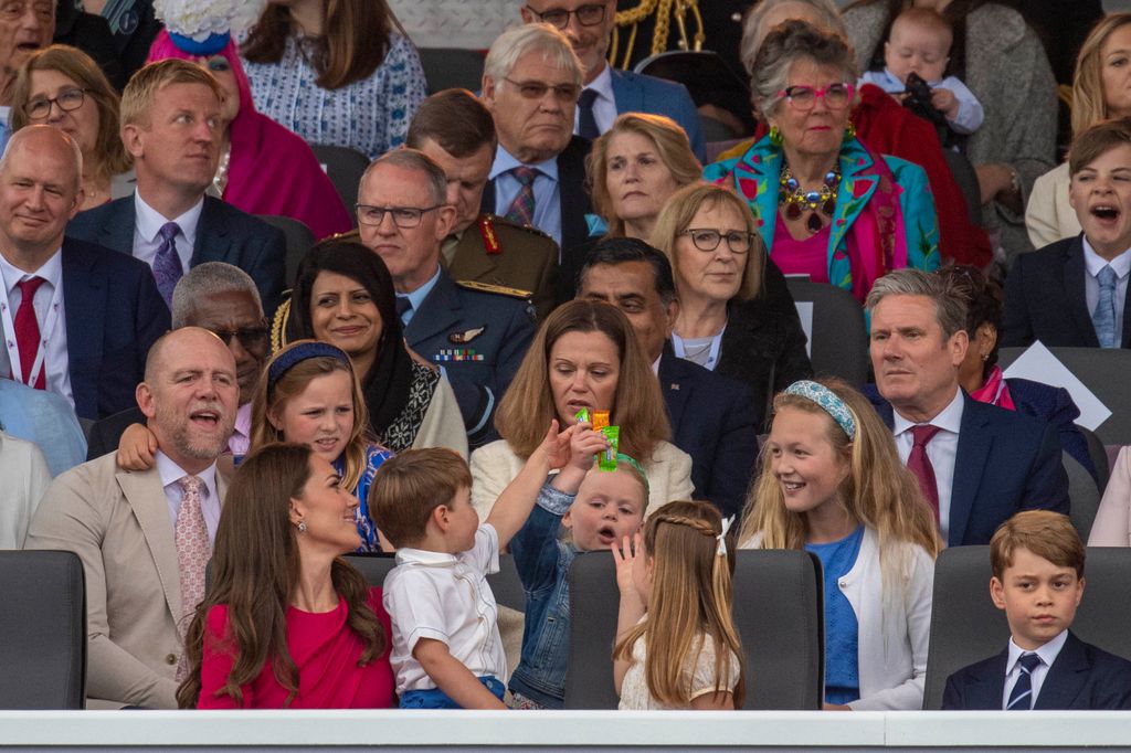 Prince Louis, Princess Kate, Duchess of Cambridge, Princess Charlotte, Prince George and more watch the Platinum Pageant on June 05, 2022 in London, England.