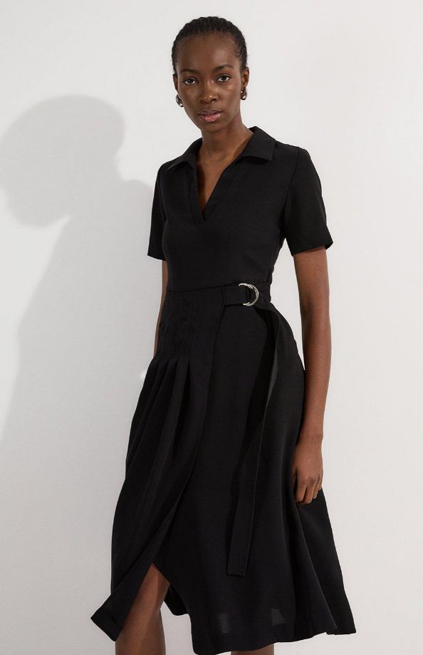 Karen Millen Soft Tailored Pleated Belted Black Midi Dress