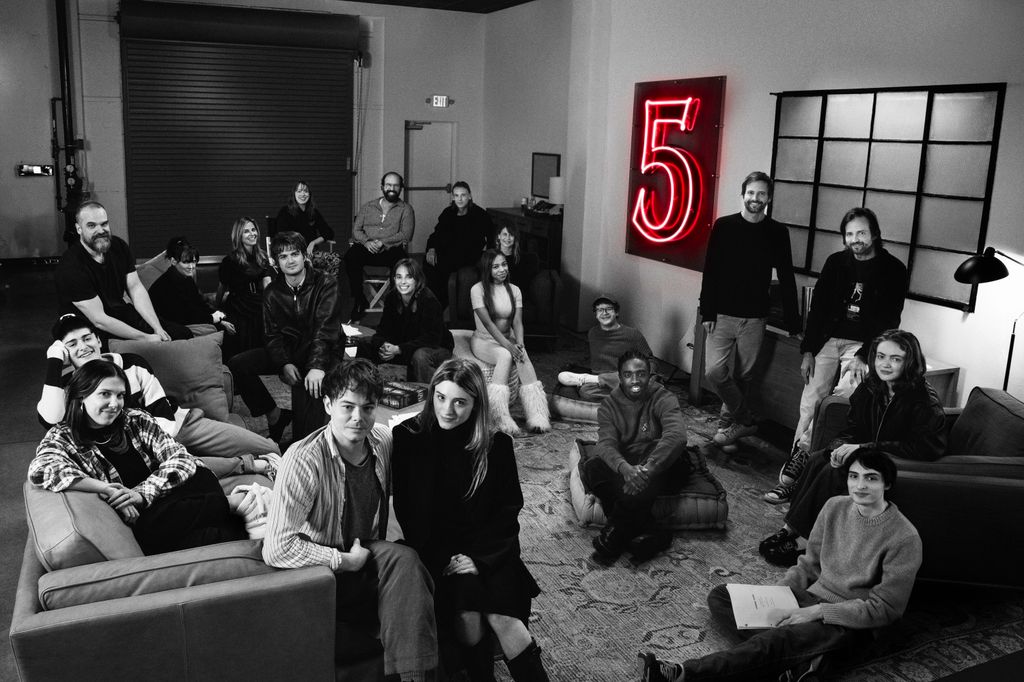Noah Schnapp, Millie Bobby Brown, David Harbour, Winona Ryder, Cara Buono, Joe Keery, Amybeth McNulty, Charlie Heaton,  Brett Gelman, Maya Hawke, Natalia Dyer, Jamie Campbell Bower, Priah Ferguson, Linda Hamilton, Gaten Matarazzo, Caleb McLaughlin, Ross Duffer, Matt Duffer, Finn Wolfhard, and Sadie Sink at the final script reading 