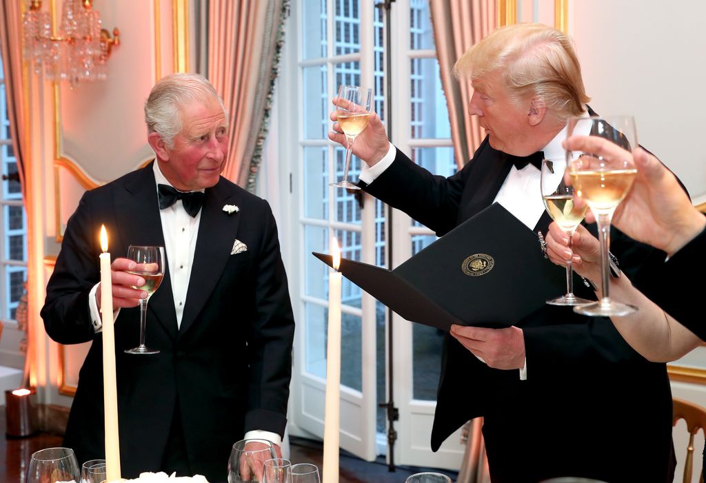 President Donald Trump (R) and First Lady Melania Trump host a dinner at Winfield House for Prince Charles, Prince of Wales (L) and Camilla, Duchess of Cornwall in 2019