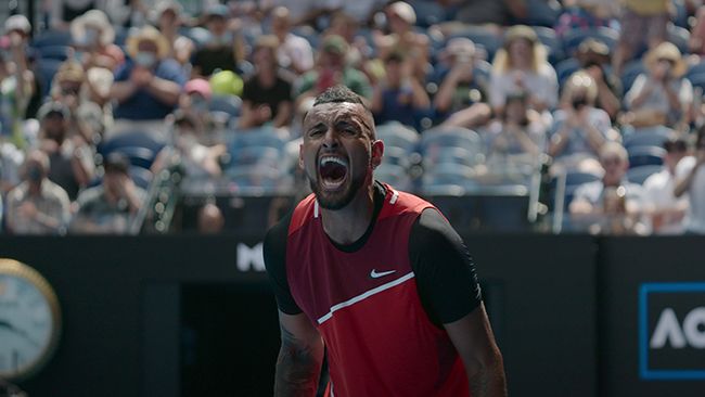 Nick Kyrgios shouts on court after winning match in Break Point