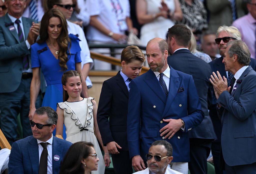 Prince William, Prince of Wales, Prince George of Wales, Princess Charlotte of Wales and Catherine, Princess of Wales, Patron of The AELTC arrive in the Royal Box prior to the Gentleman's Singles Final between Jannik Sinner of Italy and Carlos Alcaraz of Spain on day fourteen of The Championships Wimbledon 2025