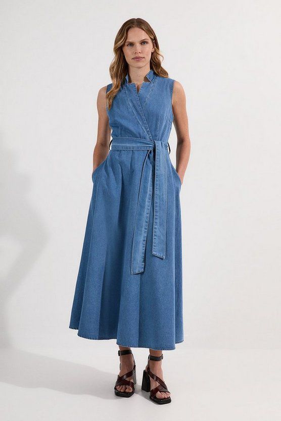 Denim Denim Disesuaikan Gaun Midi Berbagai Leher Berikat Leher
