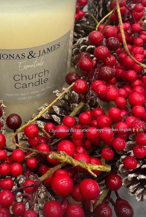 Red holly balls with pinecones sprayed white