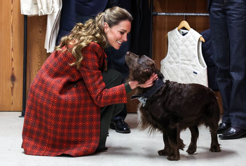 The Princess of Wales met Barney, an English cocker spaniel during a visit to Hiut Denim