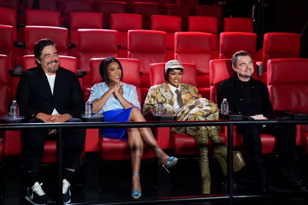 THE TONIGHT SHOW STARRING JIMMY FALLON -- Episode 2189 -- Pictured: (l-r) Actor Benicio del Toro, actress Regina Hall, actress Teyana Taylor, actor Leonardo DiCaprio during an interview on Tuesday, September 23, 2025