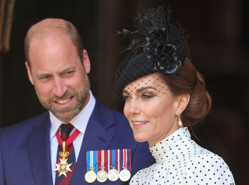 Princess of Wales and Prince William, Prince of Wales smile as they depart the Thanksgiving Service to mark the 80th anniversary of VE Day at Westminster Abbey