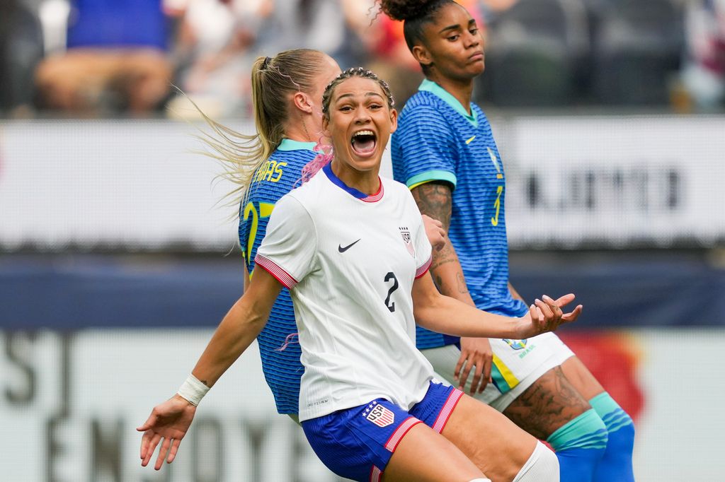 Trinity Rodman #2 of the United States celebrates scoring during the first half against Brazil during an international friendly at SoFi Stadium on April 05, 2025 in Inglewood, California