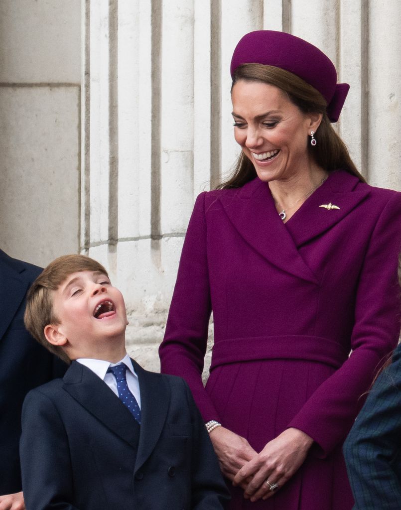 Catherine, Princess of Wales looking down laughing at Prince Louis