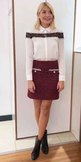 holly willoughby red tweed skirt instagram