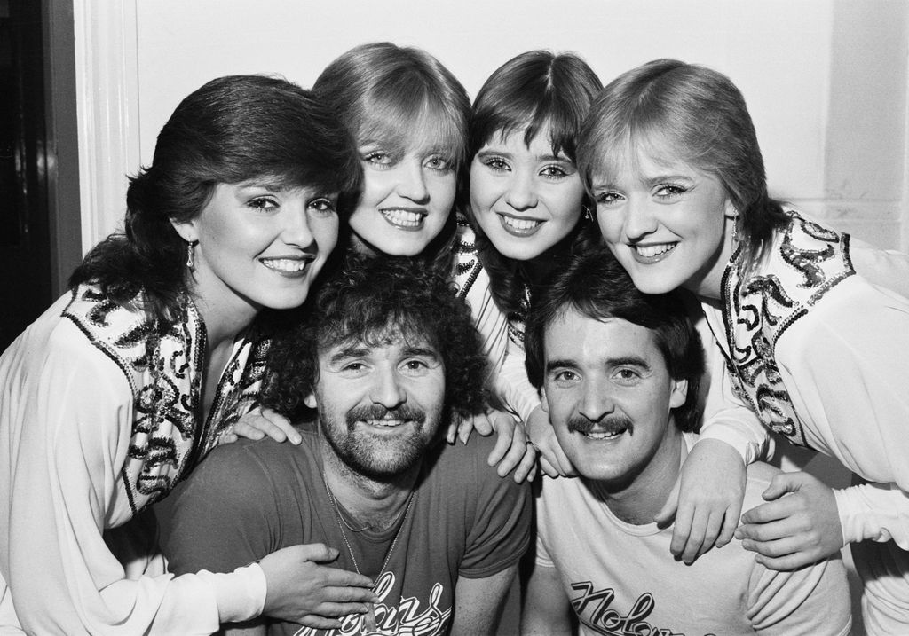 Black-and-white photo of Muareen Nolan, Linda Nolan, Coleen Nolan, Bernie Nolan, Tommy Nolan and Brian Nolan