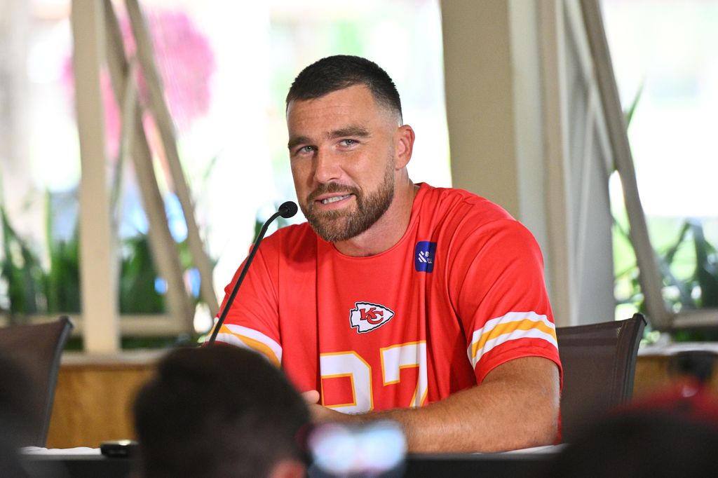 Travis Kelce speaks to the media during the practice at SPAC on September 04, 2025, in Sao Paulo, Sao Paulo, Brazil.