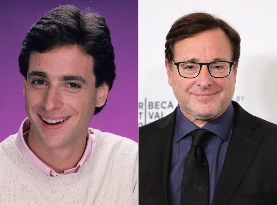 Image partagée de Bob Saget, à gauche souriant devant un fond violet dans les années 1980 et à droite souriant sur une photo moderne en costume noir.