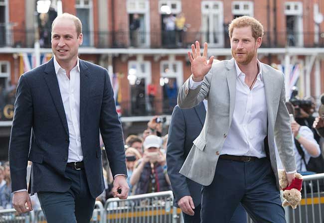 Prince William and Prince Harry during a walkabout the night before royal wedding 2018