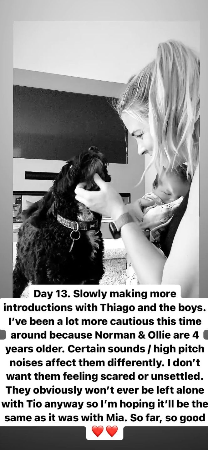 Gemma Atkinson and her baby Thiago with their dog 