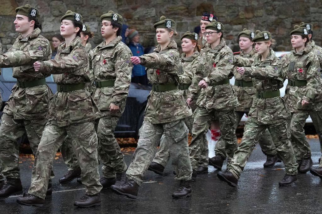 ady Louise Windsor marches with the A Squadron, Students of Tayforth UOTR from the University of St. Andrews, in the Remembrance Sunday Parade at St Andrews on the 9th November, 2025.