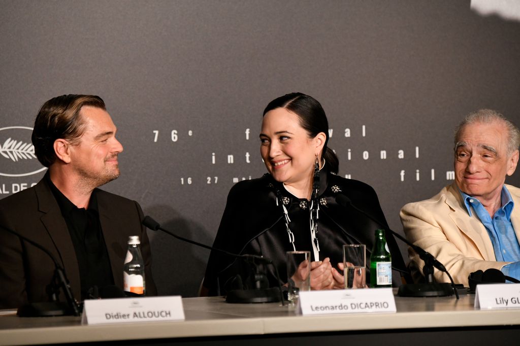 Leonardo DiCaprio, Lily Gladstone, Martin Scorsese attend the "Killers of the Flower Moon" press conference at the 76th annual Cannes film festival at Palais des Festivals on May 21, 2023 in Cannes, France