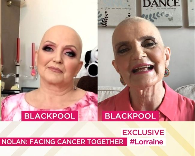 linda and anne nolan appearing via video link on lorraine with shaved heads